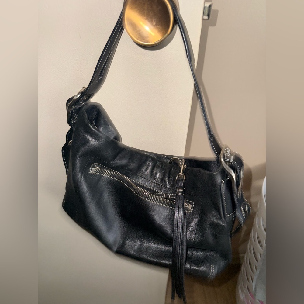 Coach Black Leather Shoulder Bag with Silver Accents